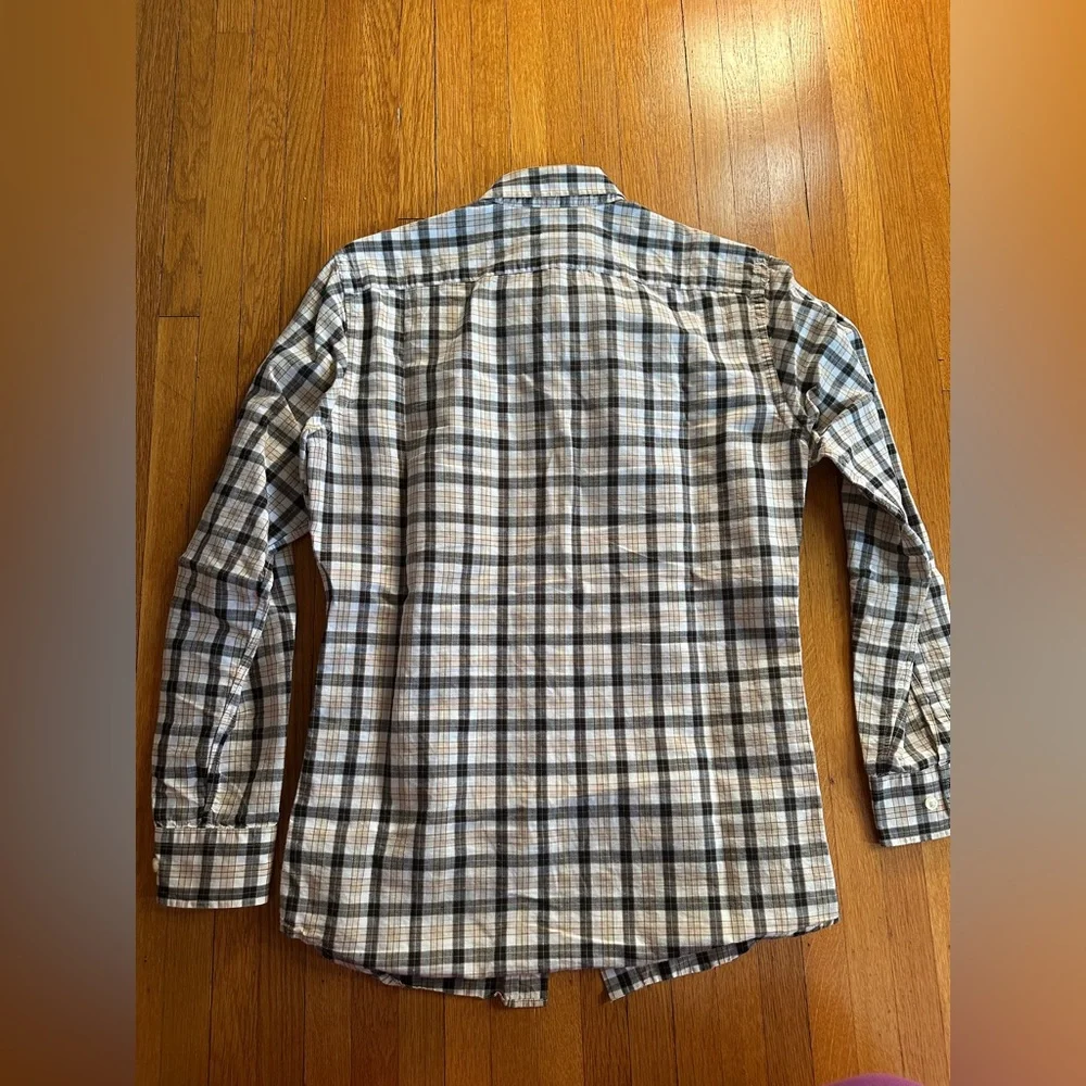 Banana Republic Tan & Cream Plaid Linen & Cotton Tailored Slim Fit Button-Up, S